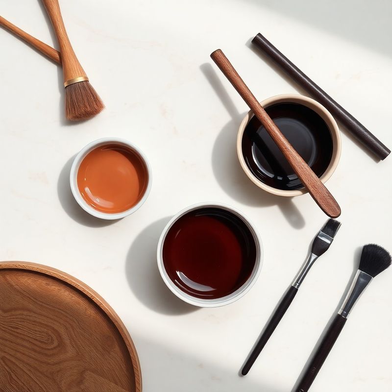 Flat-lay of hair colour bowls and brushes on a rose-warm marble surface