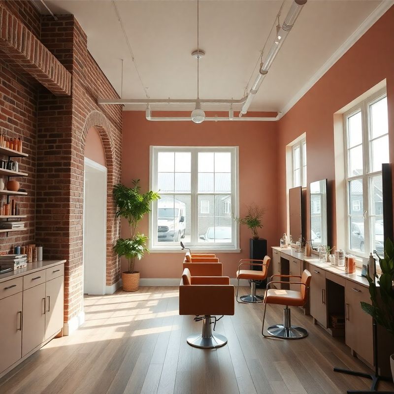 Interior of the Rivervbeta salon with exposed brick and blush-rose lighting