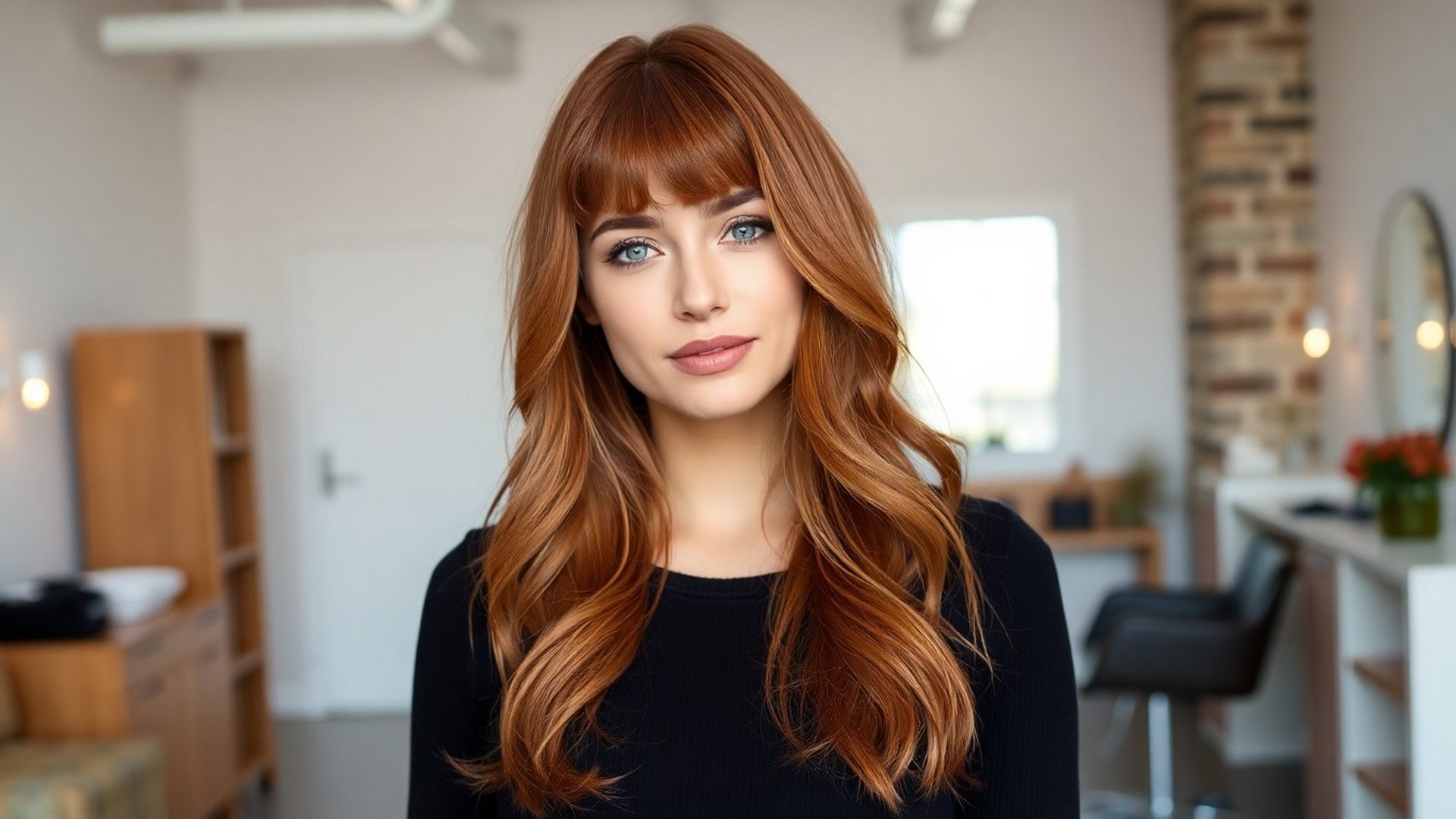 Editorial portrait of a client with copper-rose balayage in the Rivervbeta salon